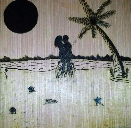 Black silhouette of couple embracing on beach near water, palm tree, and large dark sun or moon.