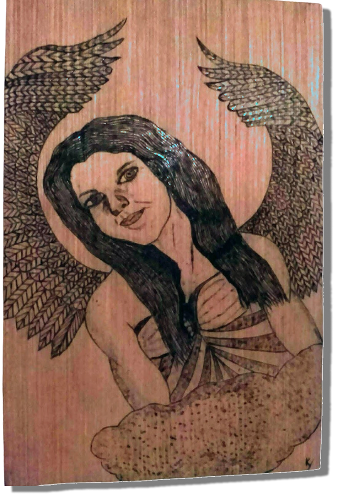 Woodburned art of a woman angel with long hair, detailed wings, and a cloud at the bottom.