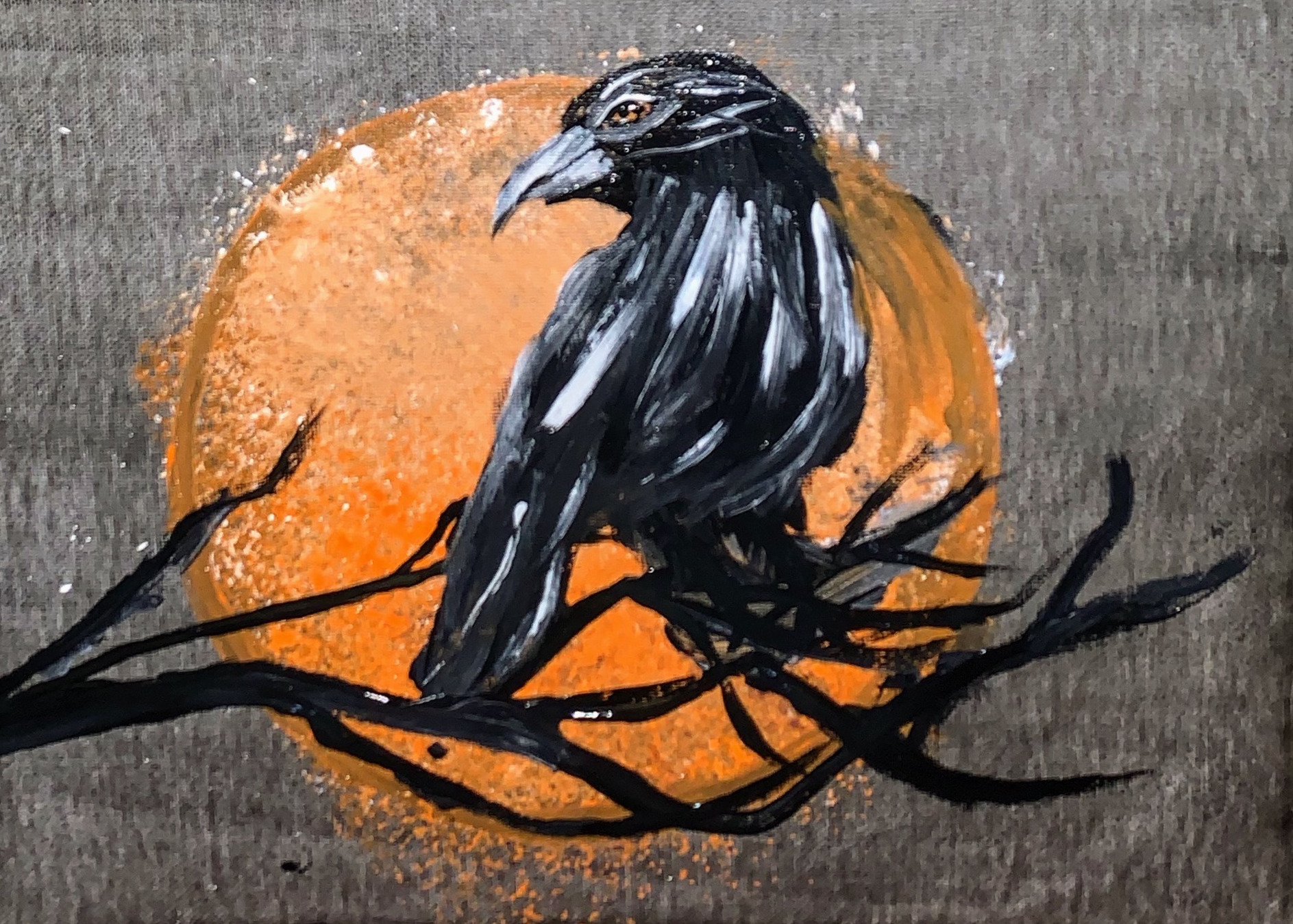 Painting of a black crow perched on dark branches with an orange full moon in the background.