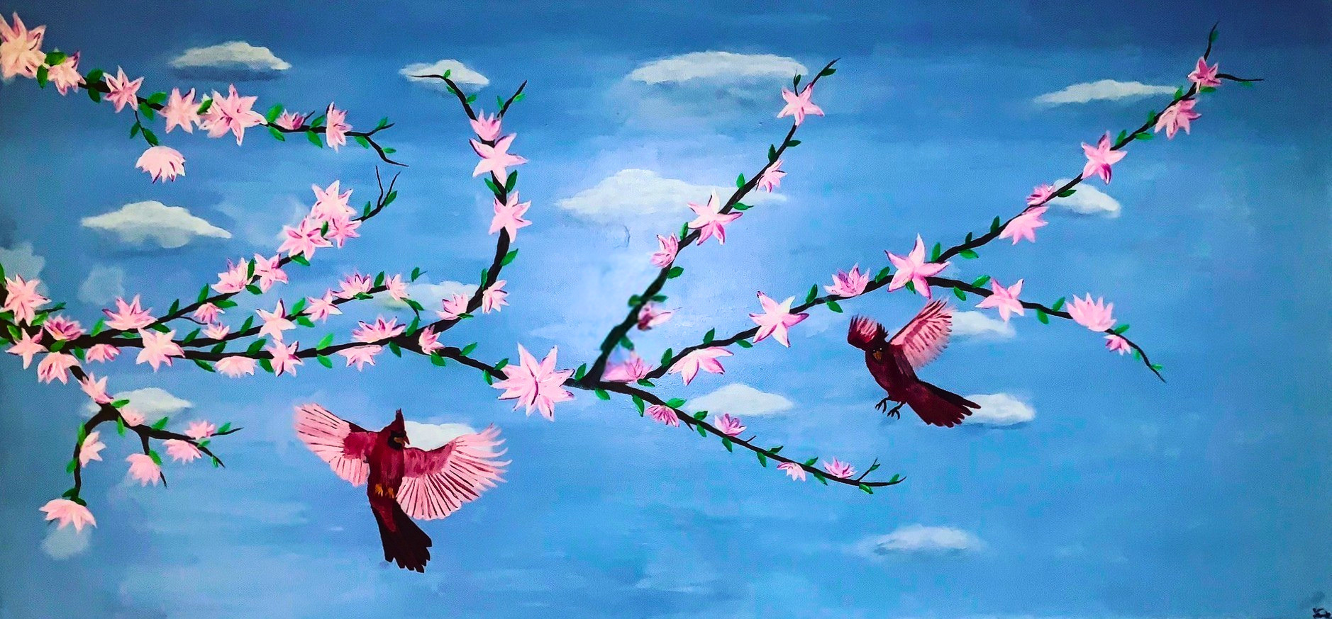 Painting of pink flowers on branches with two flying red birds against a blue sky with white clouds.