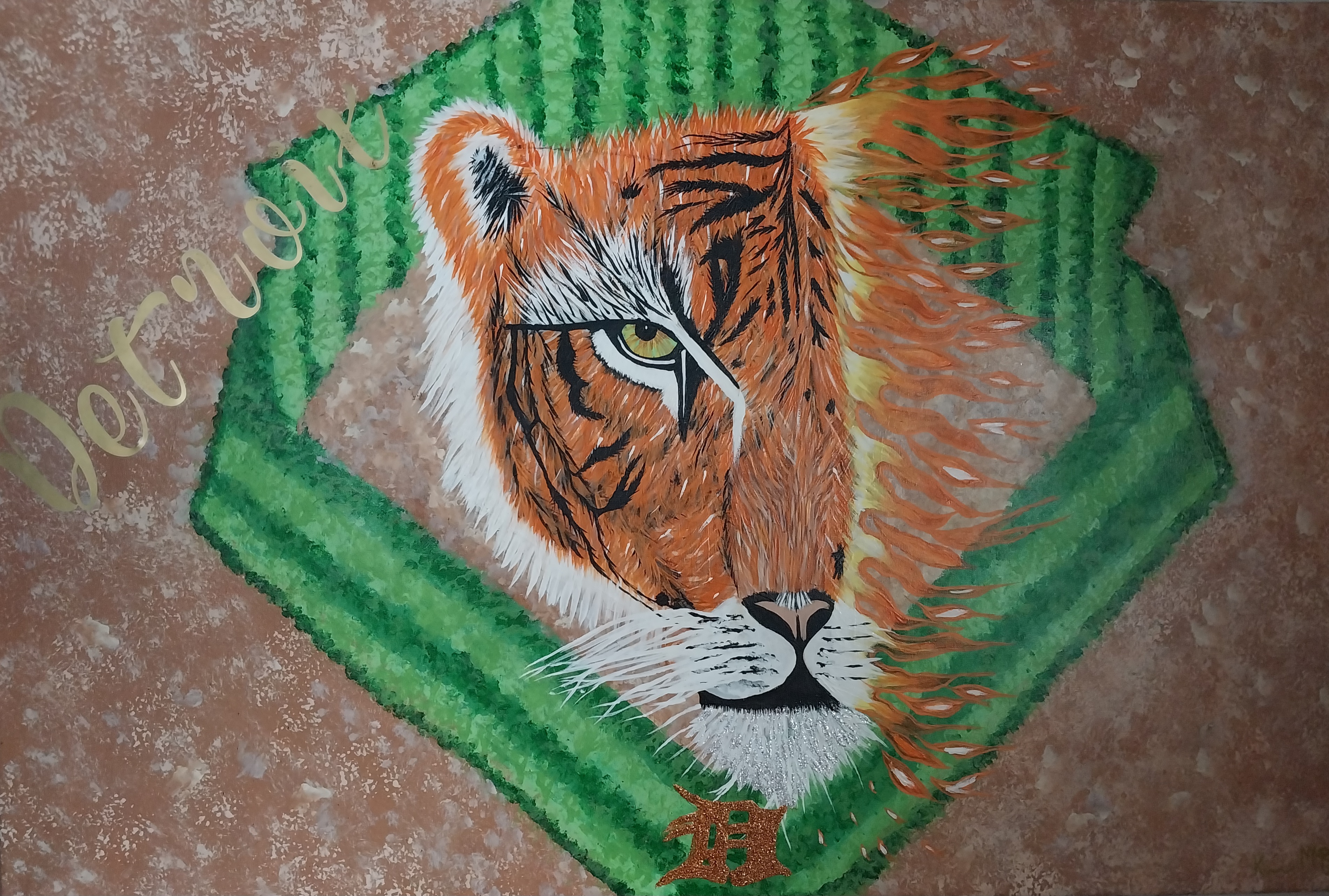 Painting of a tiger face with the right side as flames on a green baseball diamond background.