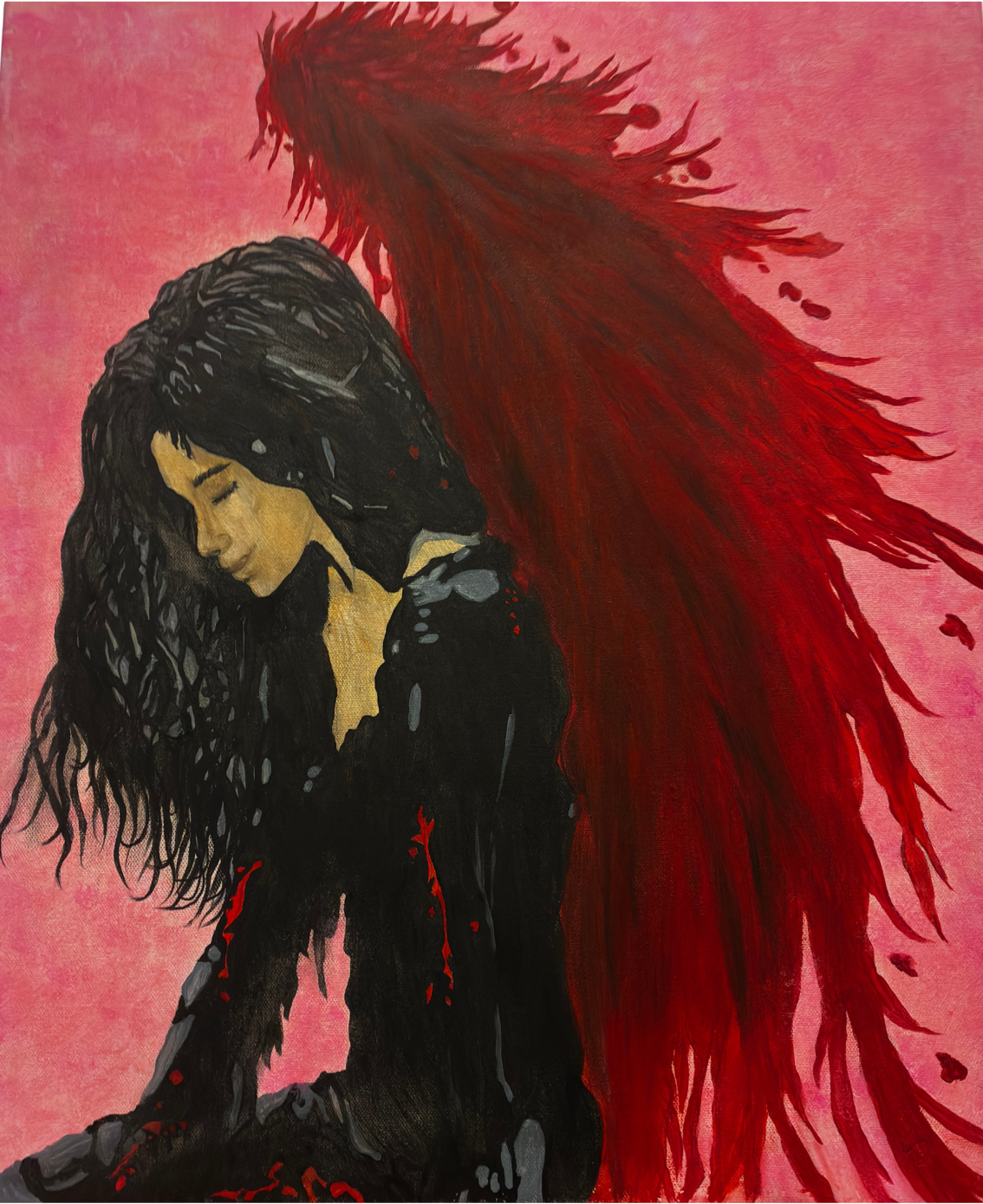 Painting of a woman with long dark hair, black outfit, and large red wings on a pink background.