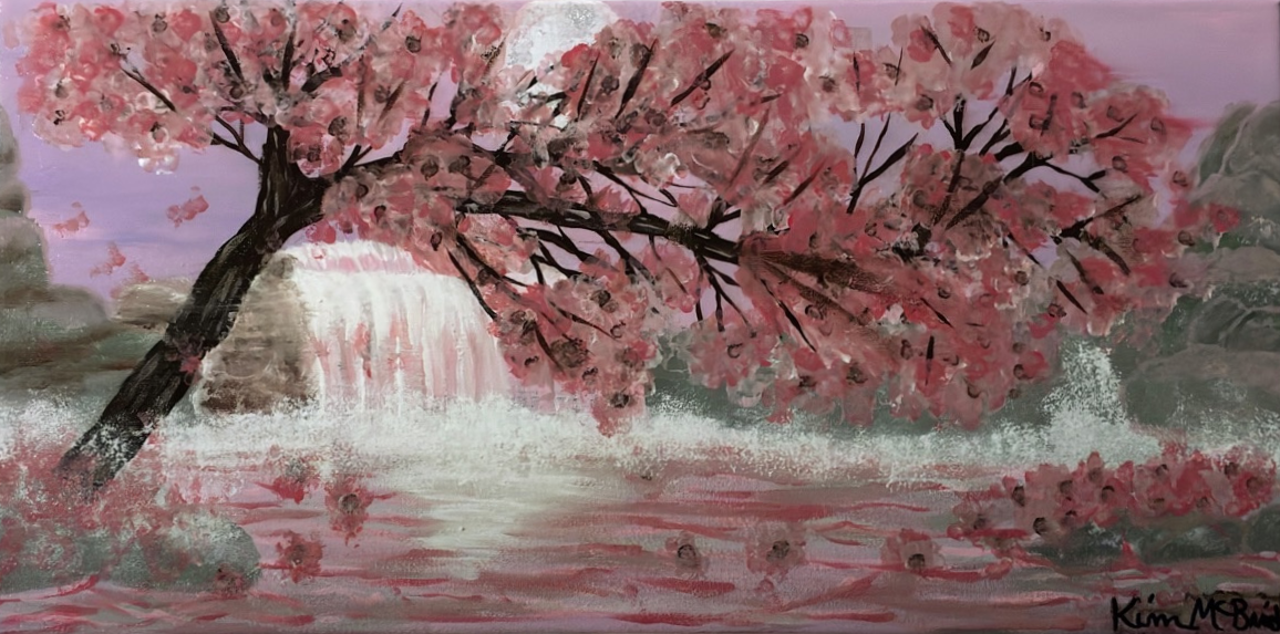 Painting of a cherry blossom tree by a misty waterfall with pink water and rocky surroundings.
