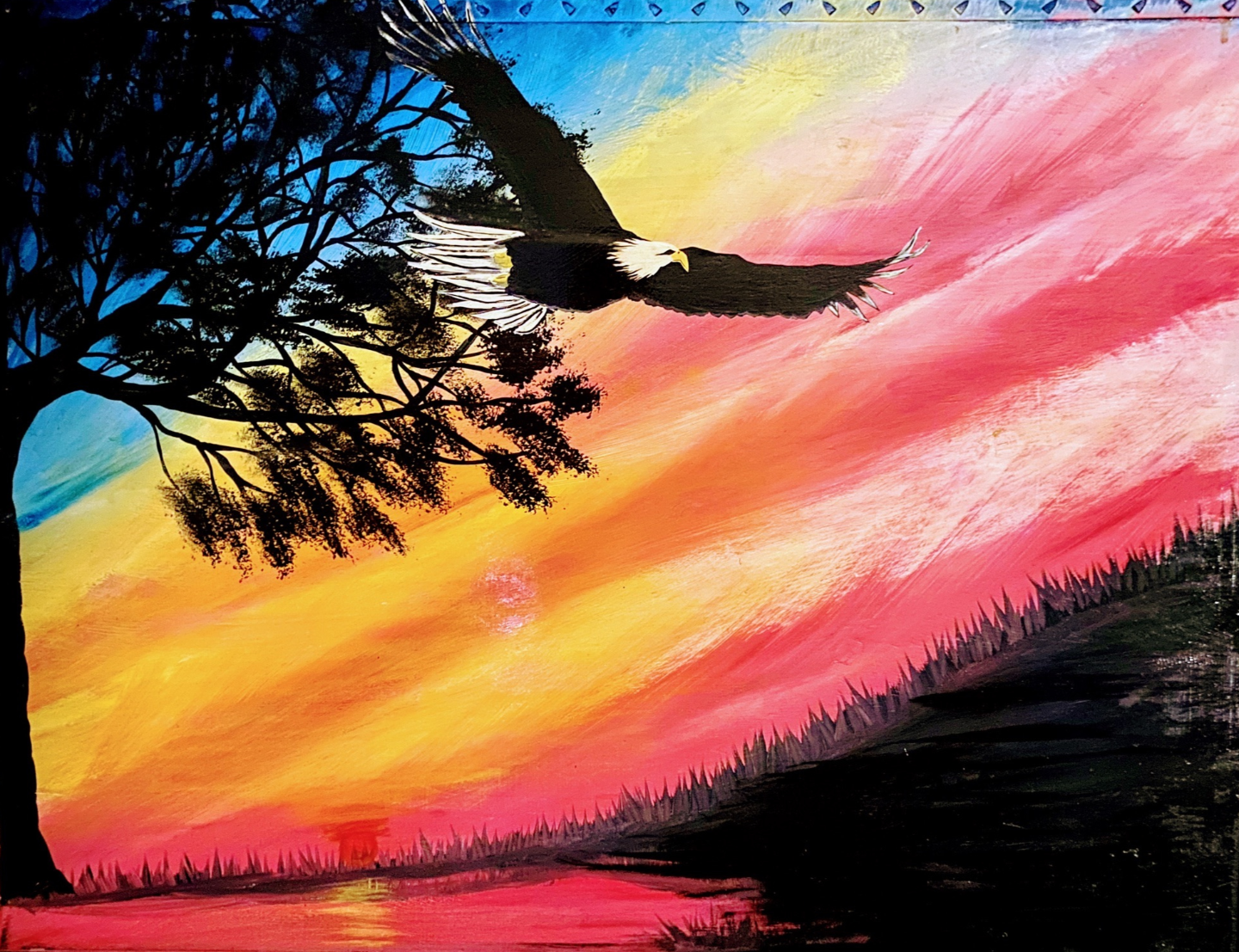 Painting of a bald eagle flying near a tree against a colorful sunset sky over water.