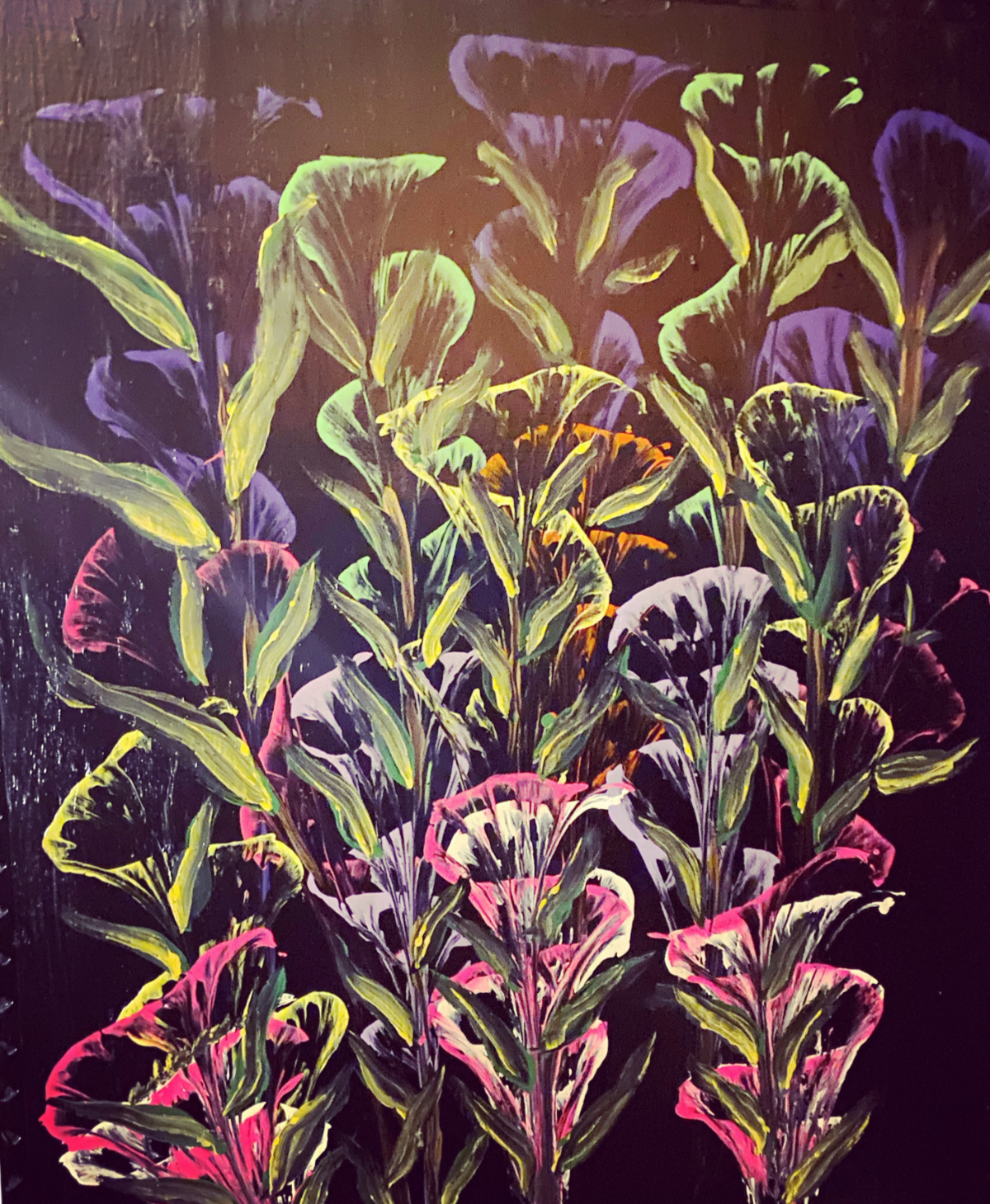 Abstract painting of green, pink, and purple plant leaves on a dark background.