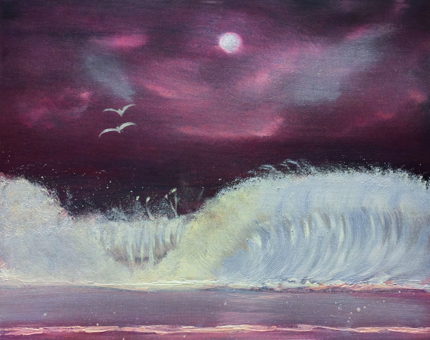 Painting of white ocean waves crashing under a purple sky with a full moon and two birds flying.