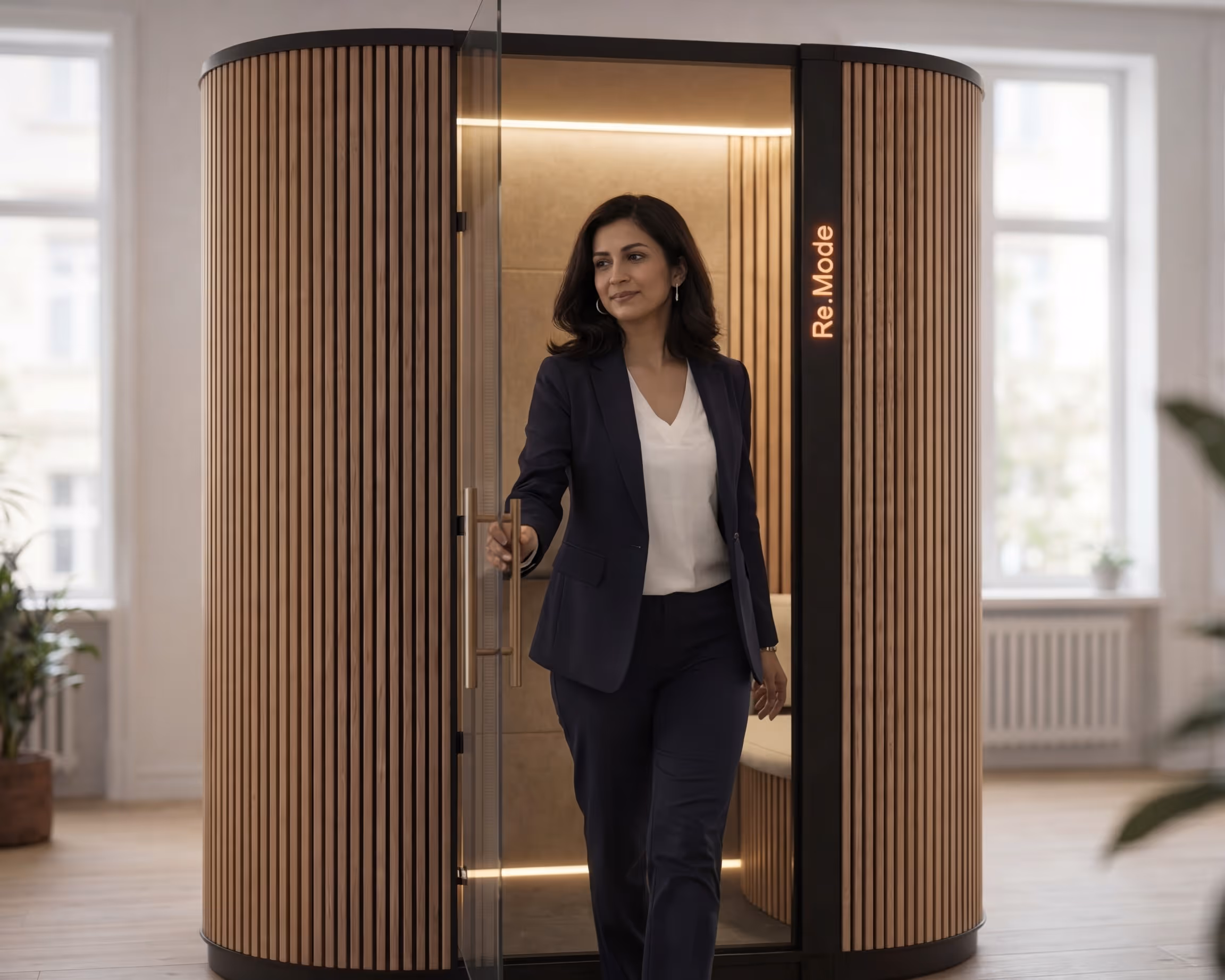 Professional walking out of a Re.Mode reset pod in a modern office workspace.