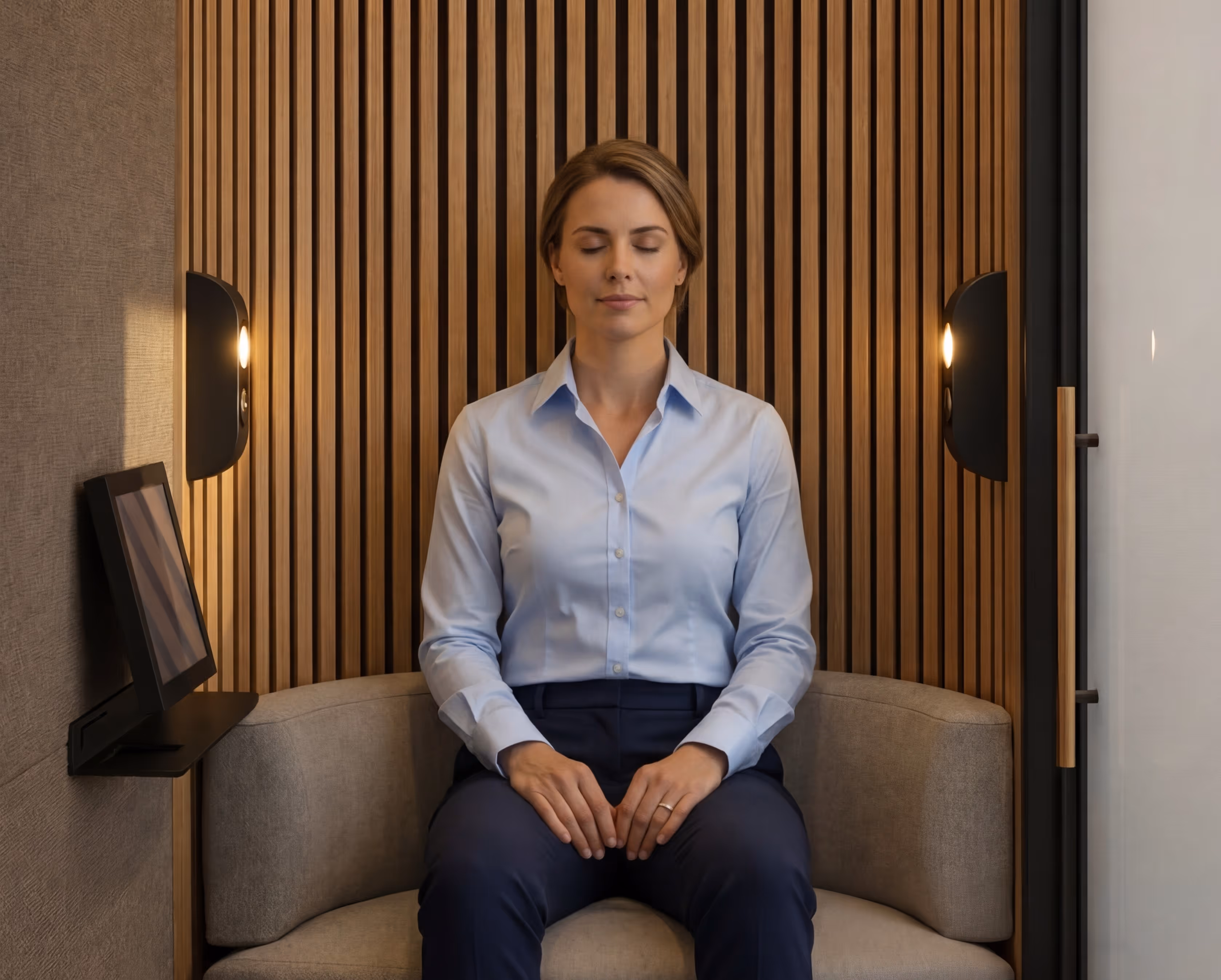 Individual using a Re.Mode pod for a guided cognitive reset session