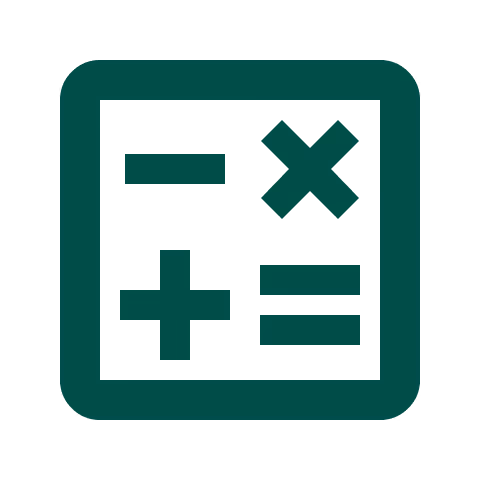 Calculator icon with symbols for subtraction, multiplication, addition, and equals inside a square border.