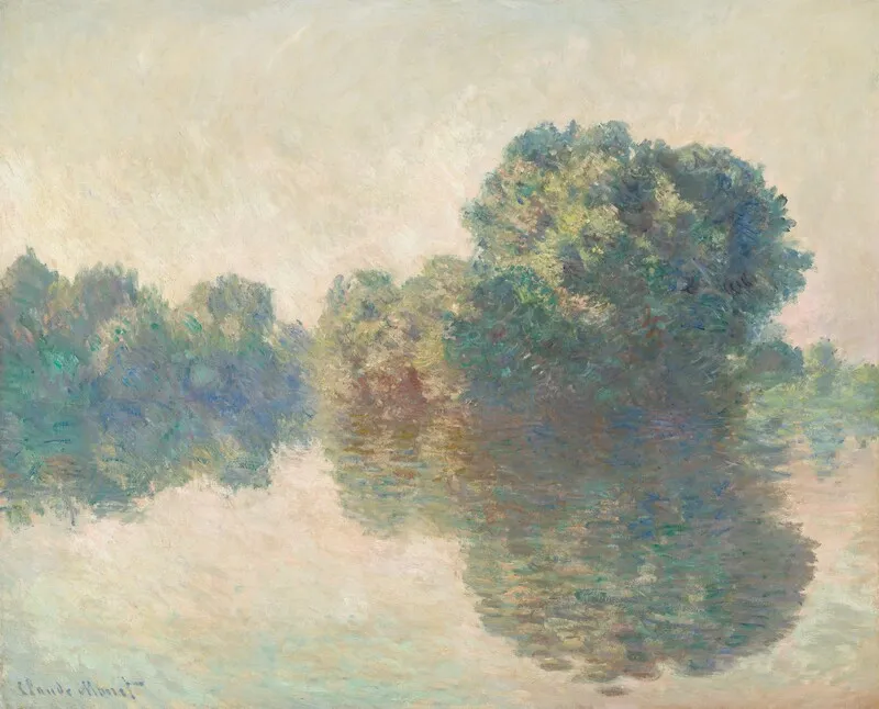 Impressionist painting of trees reflected in calm water under a soft, light sky.