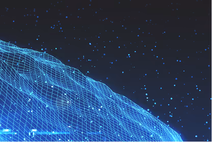 Blue glowing wireframe mesh resembling a digital terrain against a dark starry background.