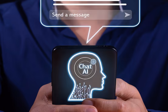 Person holding a phone with a glowing Chat AI head icon and a message bubble saying 'Send a message'.