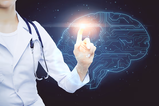Doctor in white coat with stethoscope touching glowing digital brain circuit display.