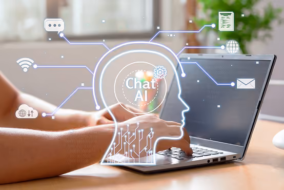 Hands typing on laptop with digital Chat AI profile and icons representing connectivity and communication.