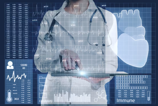 Doctor with stethoscope using a tablet showing heart and health data graphics on screen.