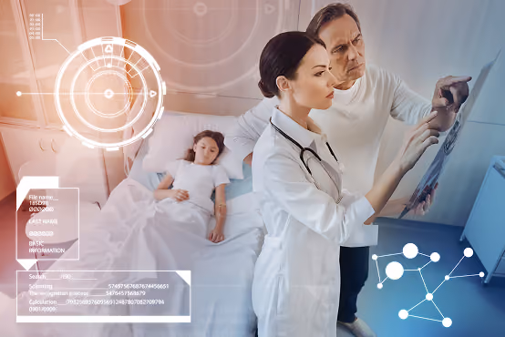 Doctor and man reviewing a medical scan with a sick child lying in bed in the background.