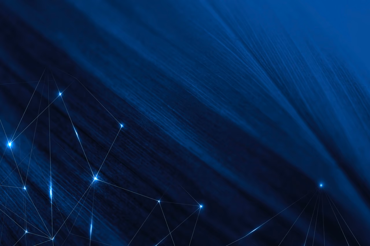 Abstract blue background with glowing network nodes connected by thin lines.