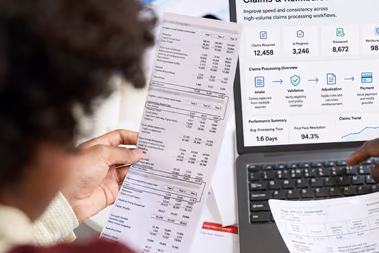 Person holding an electric bill near a laptop and a claims processing workflow infographic.