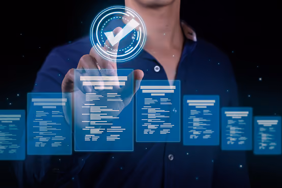 Person selecting a glowing checkmark icon above digital document files on a dark background.