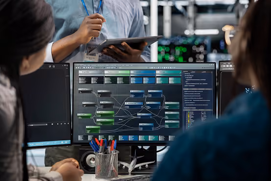 Two people look at a computer monitor displaying a complex flowchart while a third person holds a tablet.