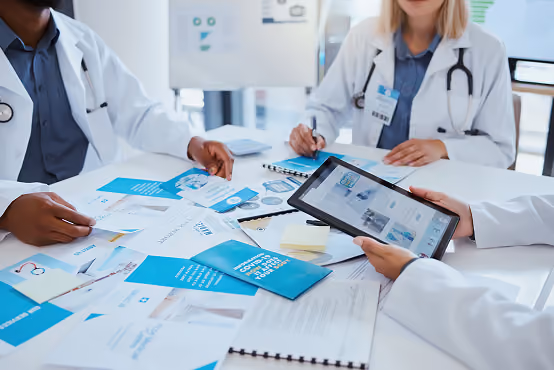 Doctors in white coats discussing medical documents and a tablet around a table.