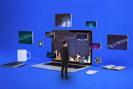 A man in a suit stands before a laptop with floating stock charts and icons around it on a blue background.