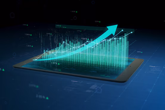 Tablet screen showing rising bar chart and upward arrow indicating growth or progress.