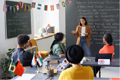 Teacher giving international diplomacy lesson to students with flags and notes on chalkboards.