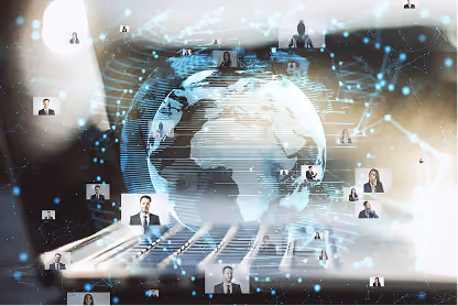 Glowing globe above a laptop with connected user icons representing global digital networking.