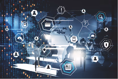 Digital network icons overlay on cityscape with silhouette figures and world map in background.