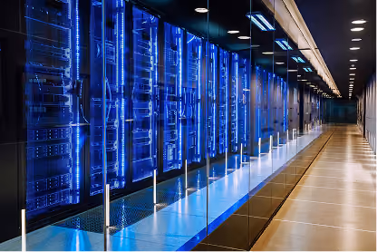 Modern data center with rows of server racks lit by blue LED lights behind glass panels.