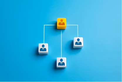 Organizational chart with one yellow block connected to three white blocks with person icons on blue background.