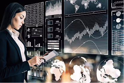 Businesswoman using a tablet with digital graphs and world maps on a transparent screen.