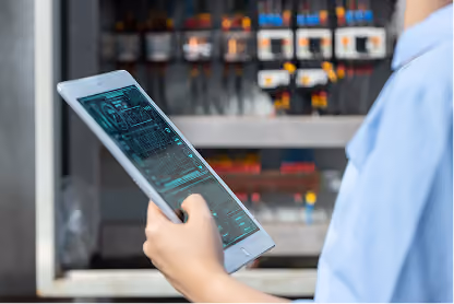 Person in blue shirt holding tablet with circuit board image near electrical control panel.