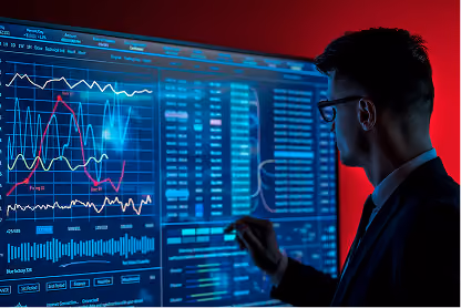 Man in glasses analyzing financial charts and data on a large digital screen in a dark room.