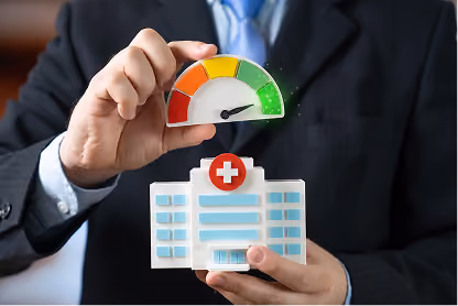 Person holding a hospital model below a health meter pointing to the green zone indicating good health.