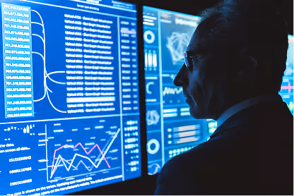 Man in glasses analyzes complex data charts and graphs on a large digital screen.
