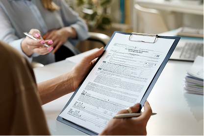 Two people reviewing a detailed document on a clipboard in an office setting.