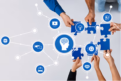 Four hands connecting blue puzzle pieces over a digital network of AI and tech icons.