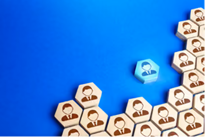 Wooden hexagons with male avatar icons clustered on blue background with one blue hexagon.