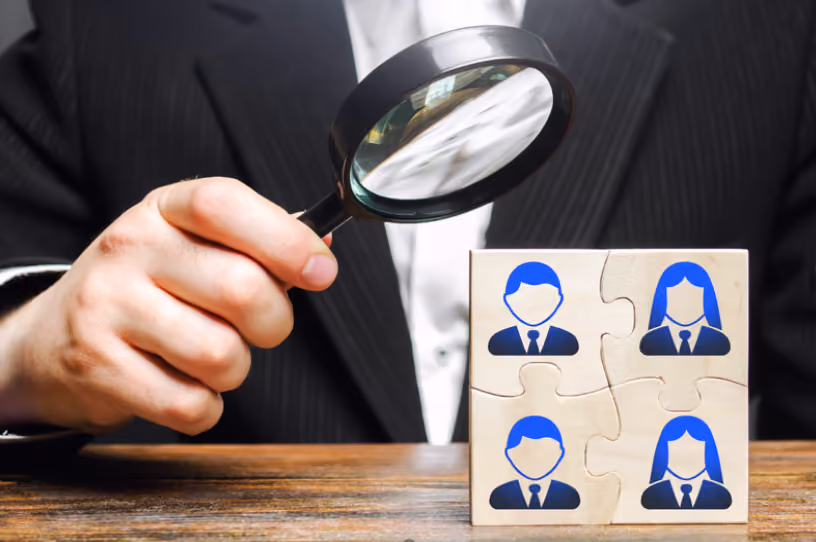 Person in suit holding magnifying glass over wooden puzzle blocks with male and female icons.