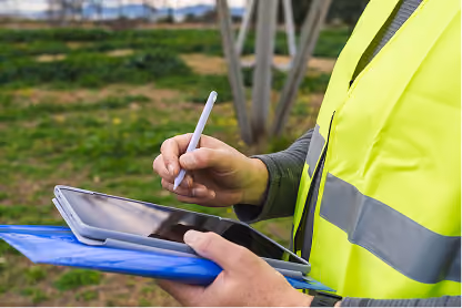 Person wearing a yellow safety vest using a stylus on a digital tablet outdoors.