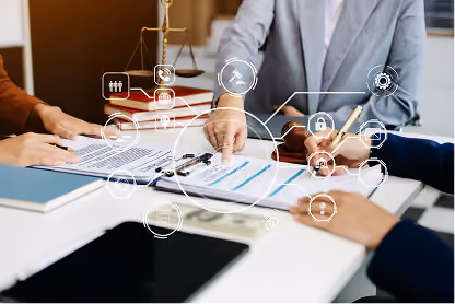People reviewing documents at a table with legal and digital icons overlaid, including a gavel and lock.
