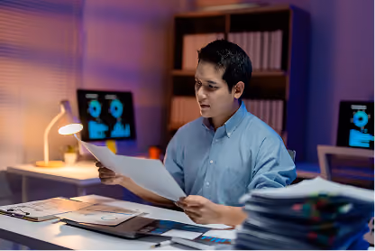 Man in blue shirt reviewing documents at desk with laptop and office supplies in dimly lit room.