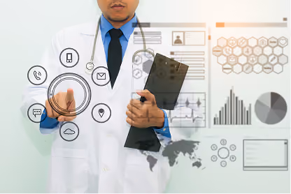 Doctor in white coat interacting with digital medical icons and charts on transparent screen.