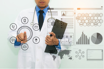 Doctor in white coat interacting with digital medical icons and charts on transparent screen.