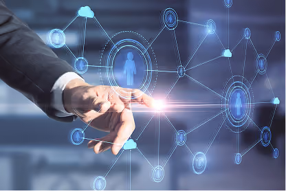 Businessman finger touching digital network icons representing user connections and cloud computing.