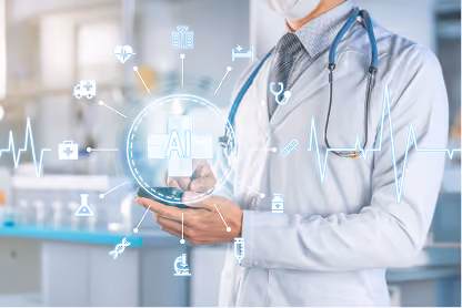 Doctor using a tablet with AI healthcare icons and heartbeat graphic overlay in a medical setting.