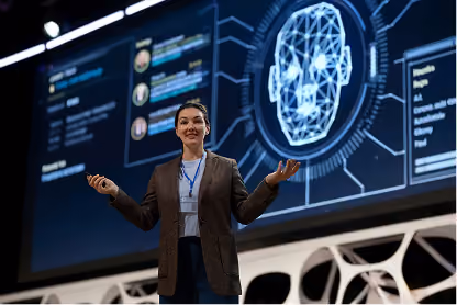 Woman presenting in front of a large screen displaying a digital face and data charts.