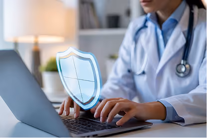 Doctor typing on laptop with a digital shield icon representing cybersecurity or data protection.